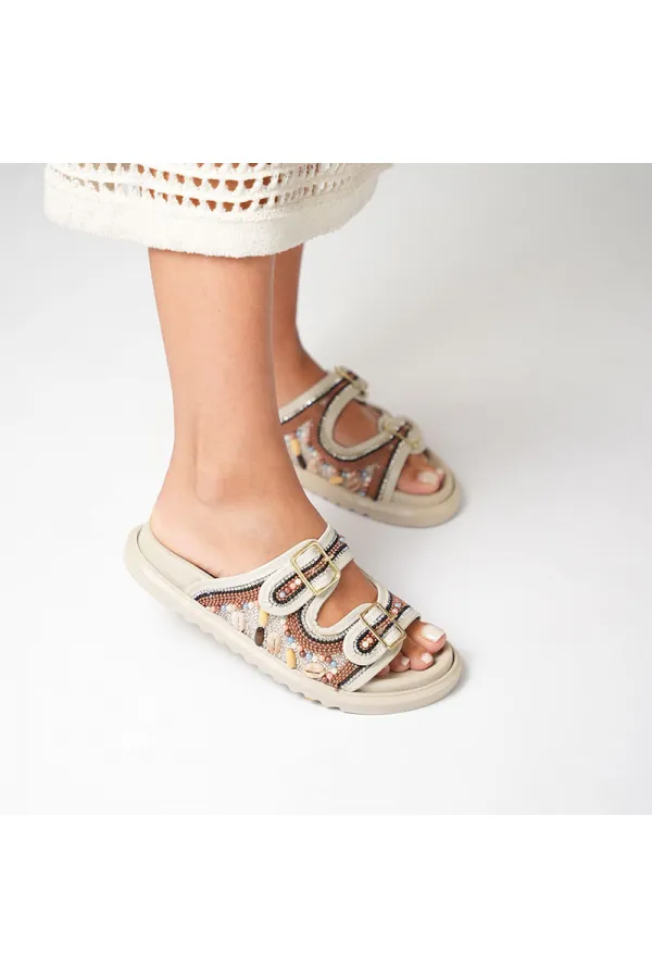 Bona Cream Genuine Leather Beaded Women's Slippers