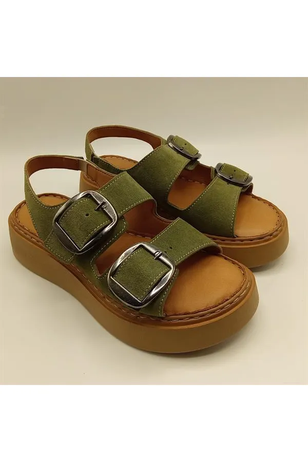 Ametist Exclusive Stabil Haki Süet Platform Kadın Sandalet | Çift Bantlı Gerçek Deri Konfor