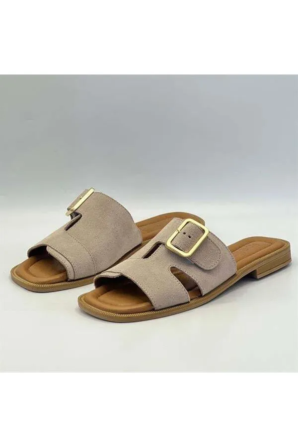 Bellini Bej Süet Tokalı Gerçek Deri Kadın Terlik