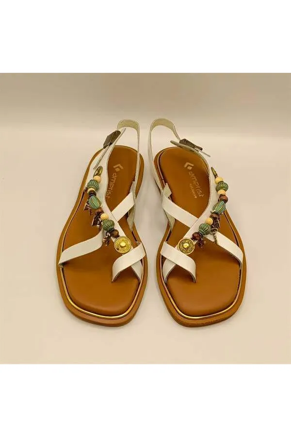 Daphne White Leather Flat Women's Sandals