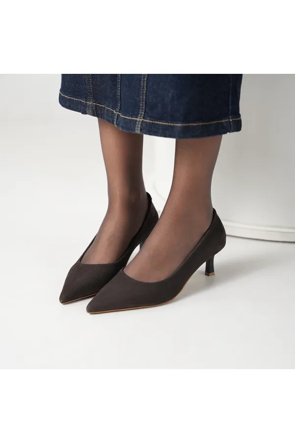 LINA Dark Brown Genuine Leather Suede 5 cm Heel Pointed Toe Women's Shoes
