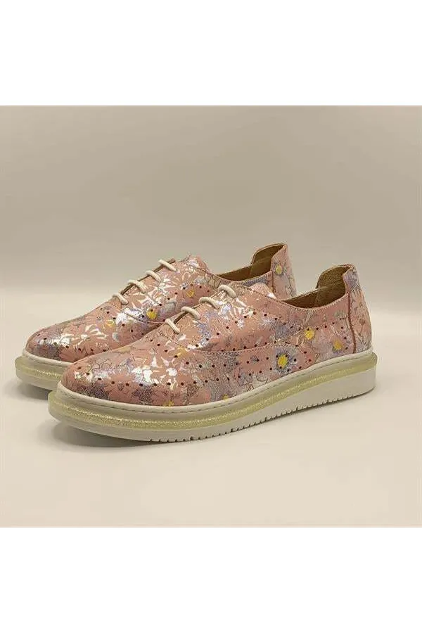 Jenny Powder Pink Leather Floral Pattern Women's Sneaker