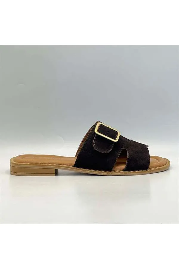Bellini Coffee Suede Buckle Genuine Leather Women's Slippers