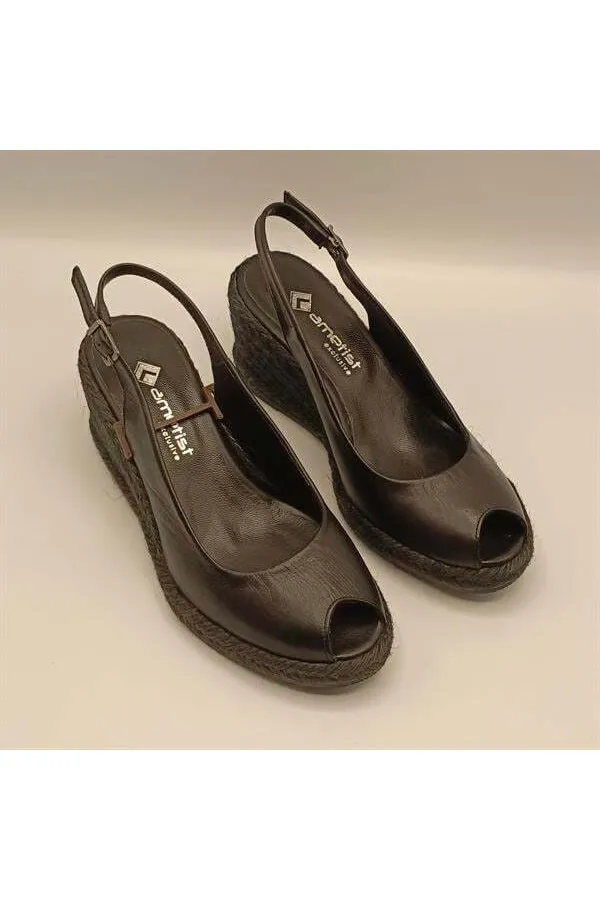 Terre Siyah Deri Dolgu Topuk Sandalet