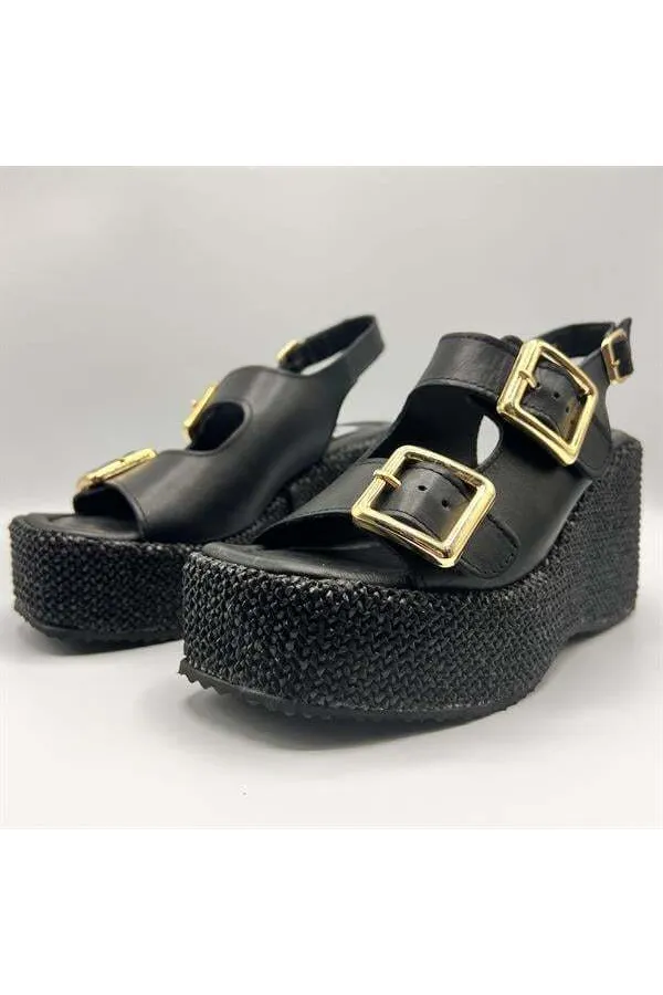 Ametist Exclusive Frida Siyah Deri Dolgu Topuk Kadın Sandalet