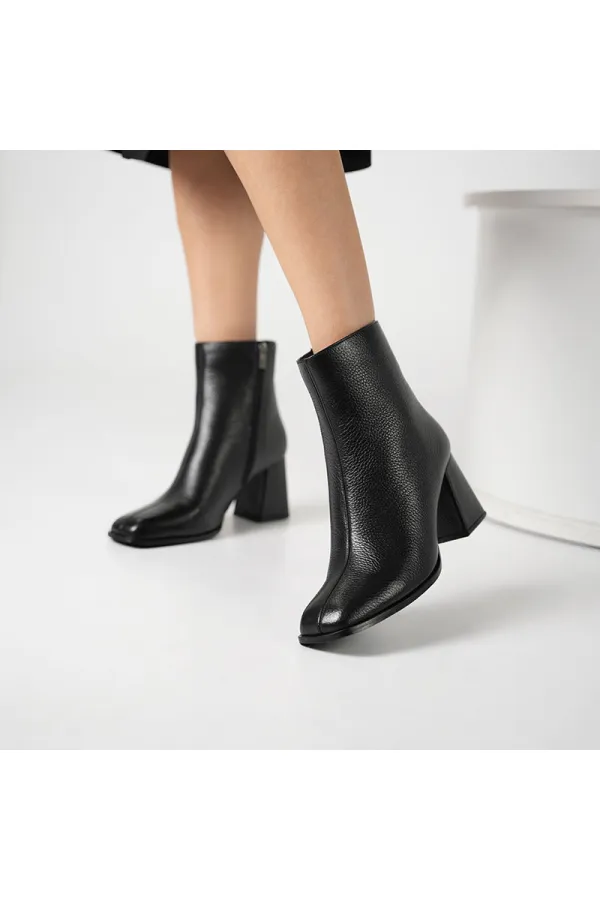 Bottes Aura noires à bout carré et talon épais en cuir véritable pour femmes