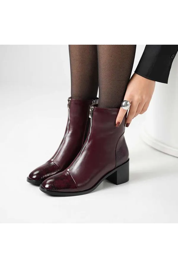 Clara Bordo Deri Kadın Bot – Kroko Rugan Burun & Topuk Detaylı