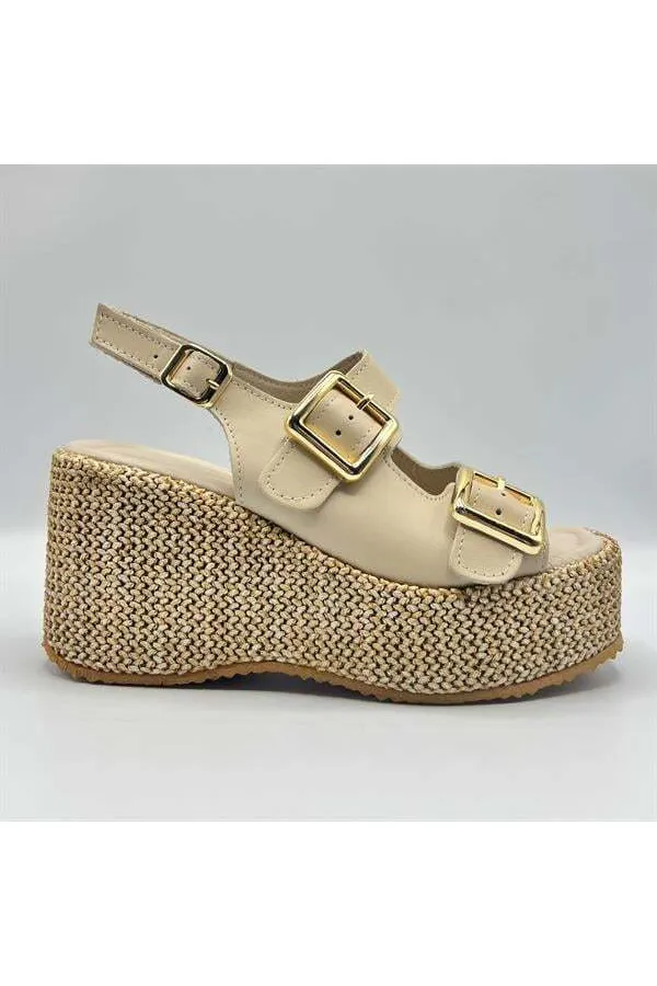 Amethyst Exclusive Frida Beige Leather Platform Heel Women's Sandals