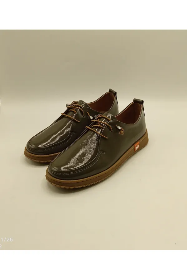 Ariss Khaki Wrinkled Patent Leather Genuine Leather Women's Casual Shoes – Lightweight Flexible Rubber Sole