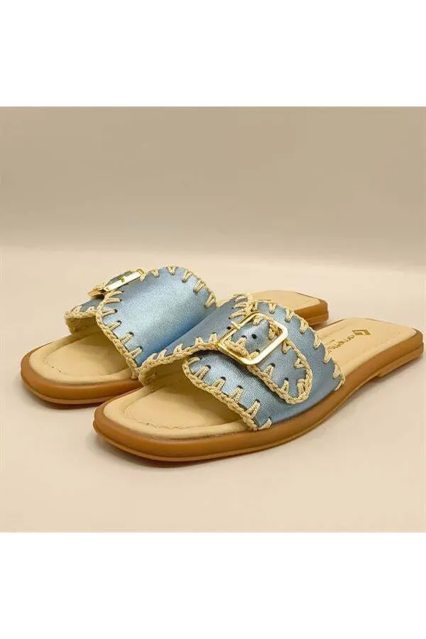 Pantoufles authentiques en cuir bleu pour femmes