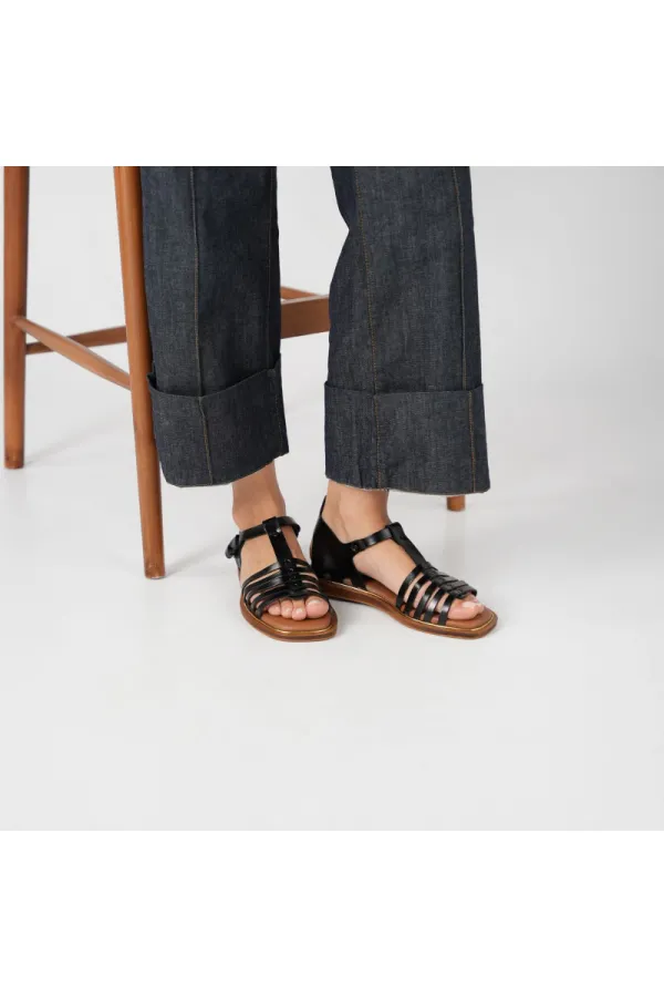 Asta Black Leather Flat Women's Sandals