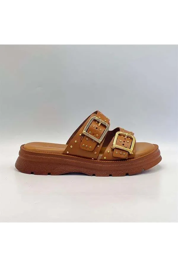 Rosa Taba Genuine Leather Buckle and Studded Women's Slippers
