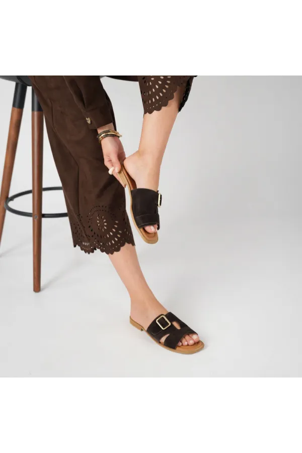 Bellini Coffee Suede Buckle Genuine Leather Women's Slippers