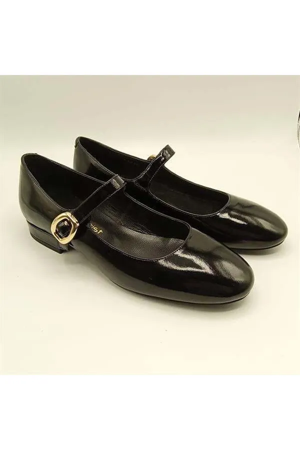 Marry Black Glossy Leather Square Toe Short Heel Women's Shoes