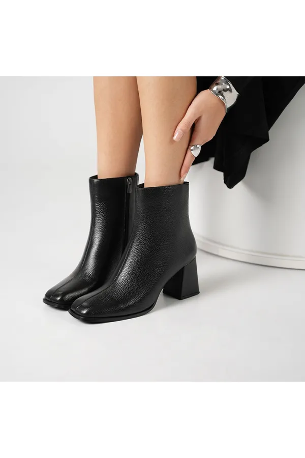 Bottes Aura noires à bout carré et talon épais en cuir véritable pour femmes