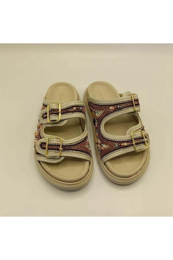 Bona Cream Genuine Leather Beaded Women's Slippers