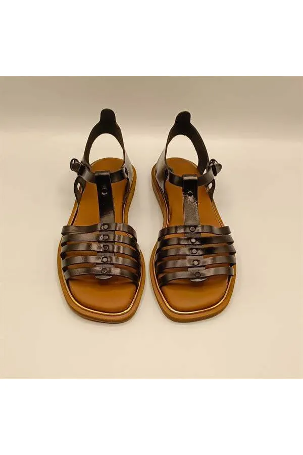 Asta Black Leather Flat Women's Sandals