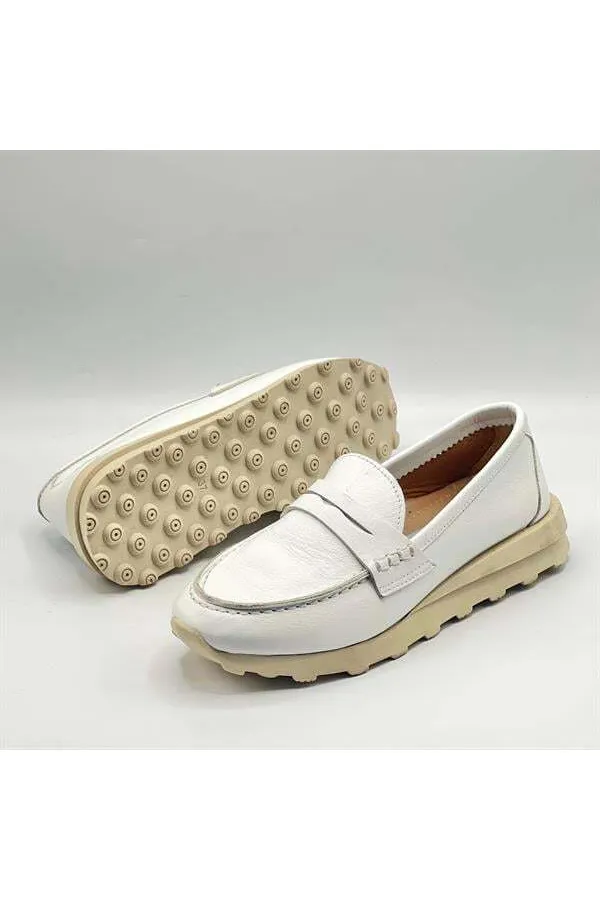 Carle Beyaz Hakiki Deri Kadın Loafer - 3 cm Termolight Taban