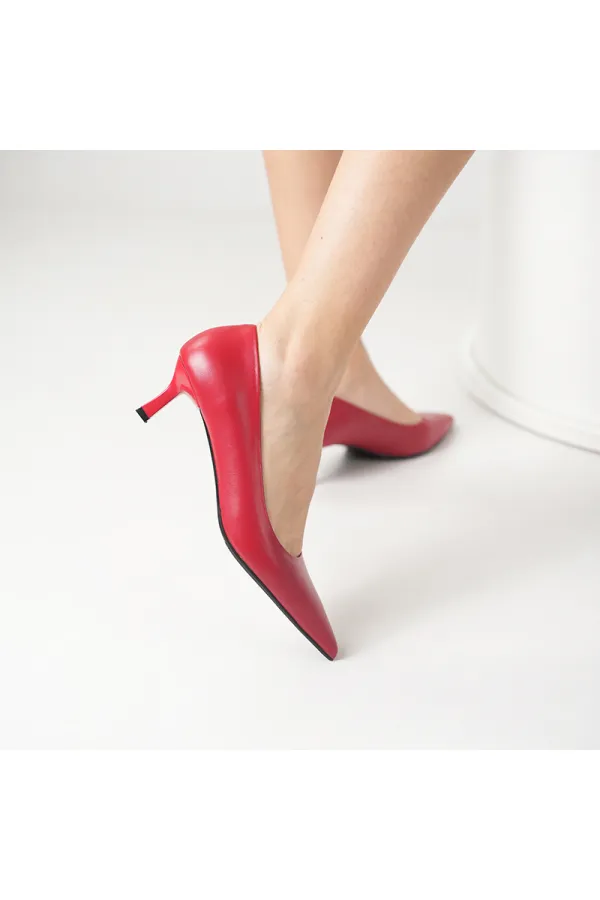 Chaussures pour femmes LINA en cuir véritable rouge, talon de 5 cm et bout pointu