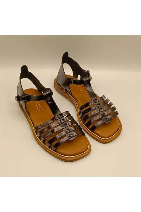 Asta Black Leather Flat Women's Sandals