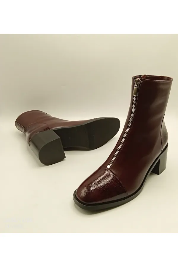 Clara Bordo Deri Kadın Bot – Kroko Rugan Burun & Topuk Detaylı