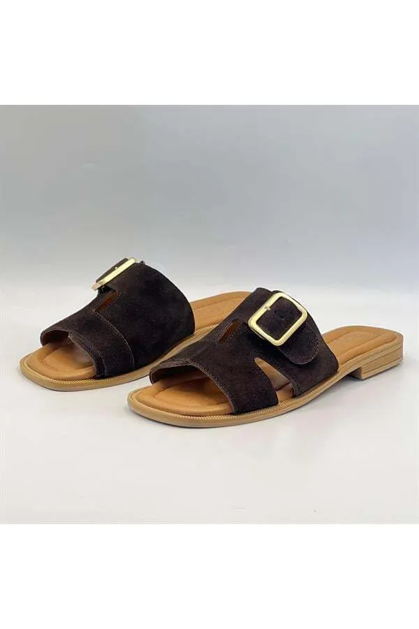 Bellini Coffee Suede Buckle Genuine Leather Women's Slippers