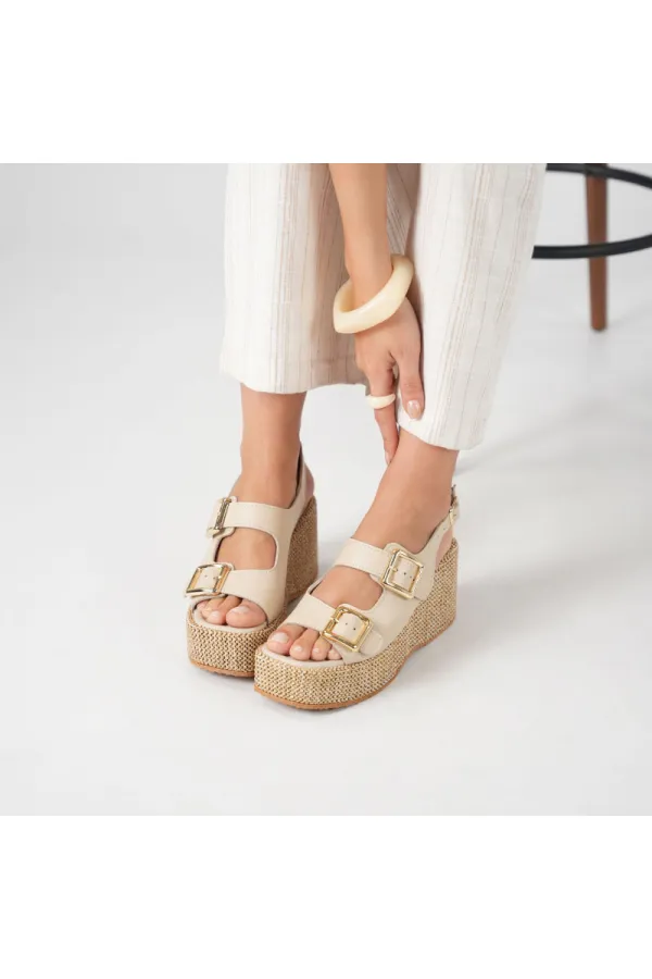 Amethyst Exclusive Frida Beige Leather Platform Heel Women's Sandals