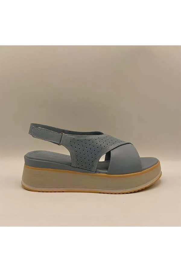 Athena Mavi Deri Dolgu Topuk Sandalet