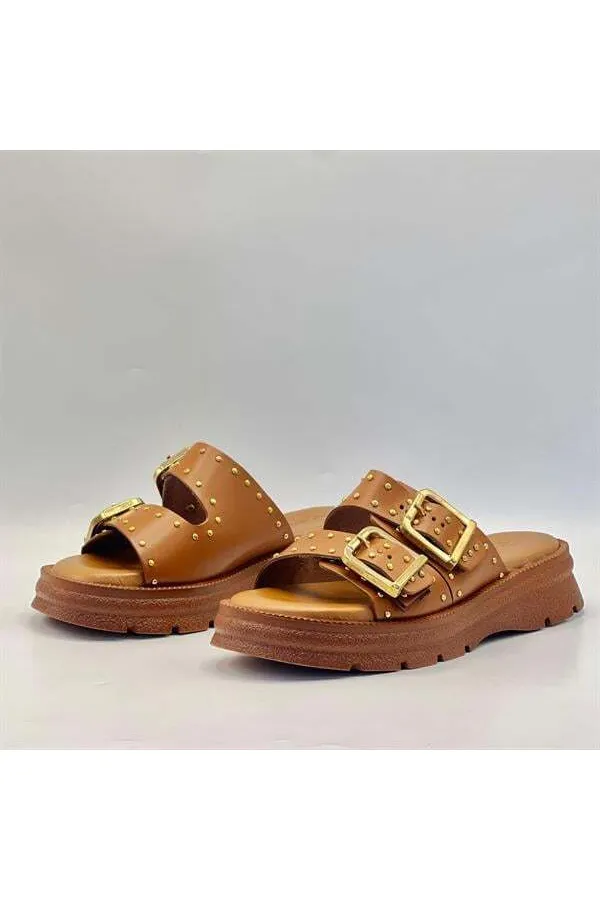 Rosa Taba Genuine Leather Buckle and Studded Women's Slippers