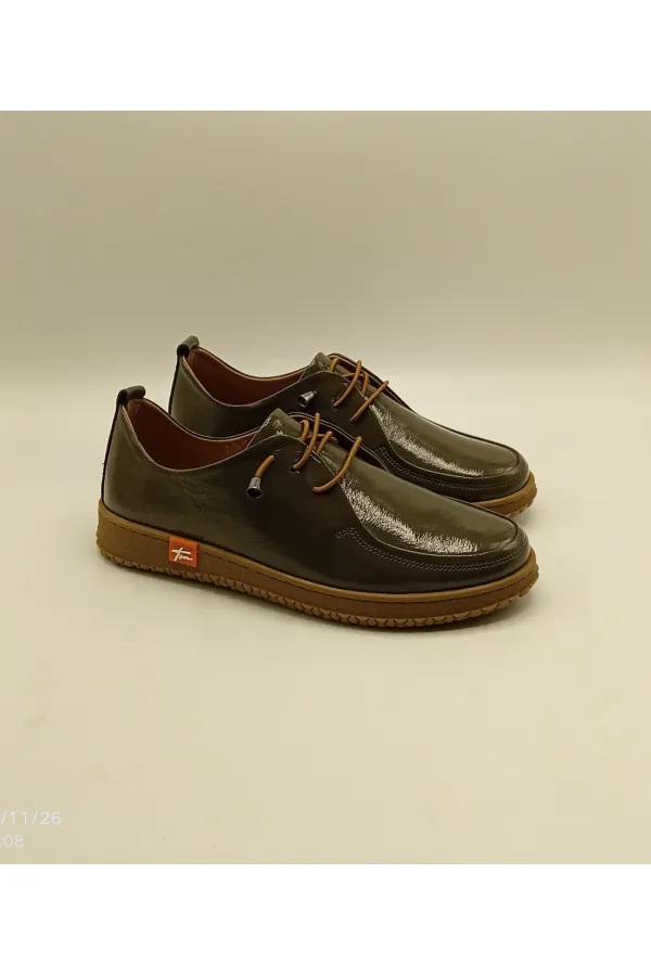 Ariss Khaki Wrinkled Patent Leather Genuine Leather Women's Casual Shoes – Lightweight Flexible Rubber Sole