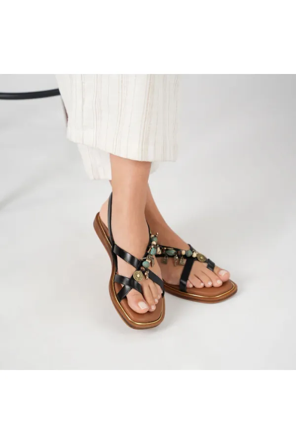 Daphne Black Leather Flat Women's Sandals