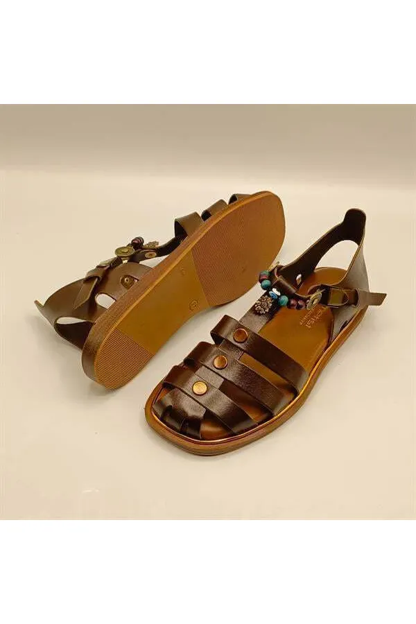 Cali Brown Leather Flat Women's Sandals