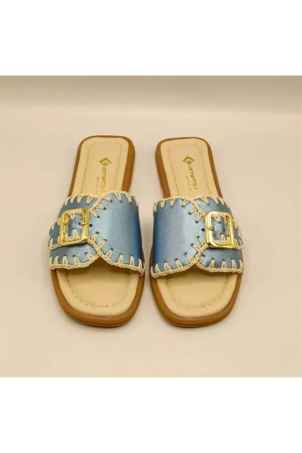 Pantoufles authentiques en cuir bleu pour femmes