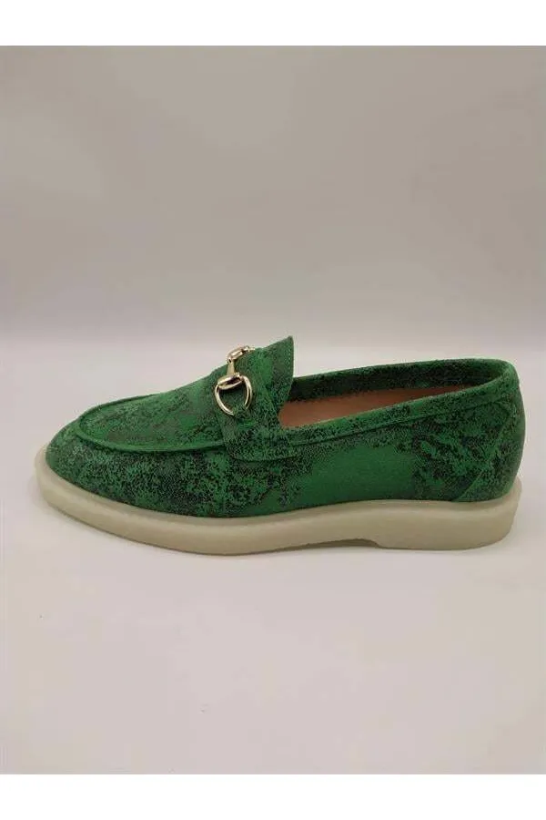 Davina Dark Green Printed Genuine Leather Casual Shoes