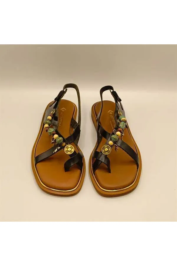 Daphne Black Leather Flat Women's Sandals