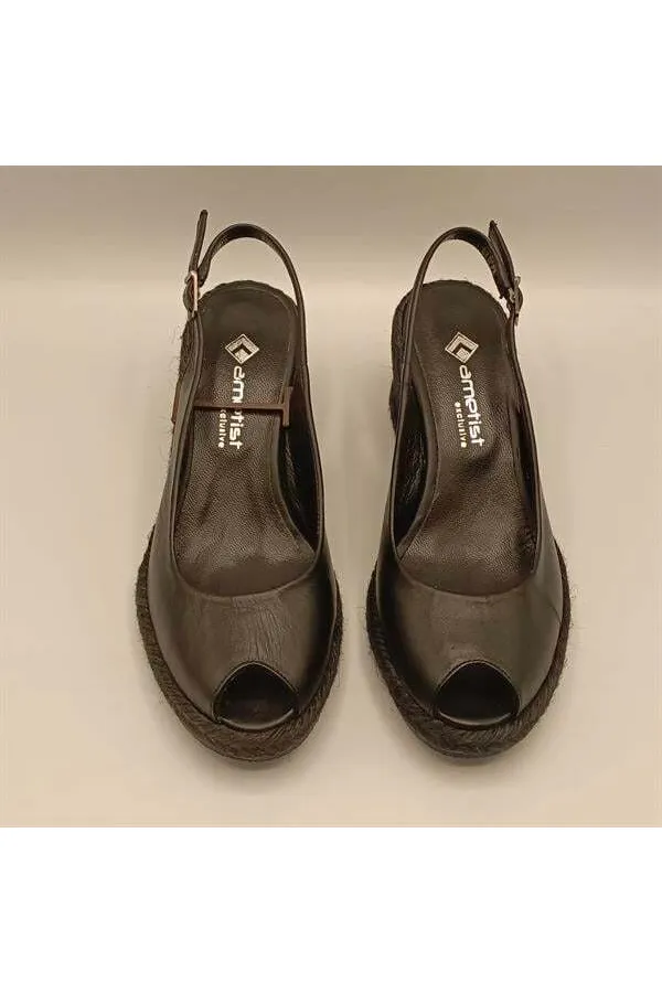 Terre Siyah Deri Dolgu Topuk Sandalet