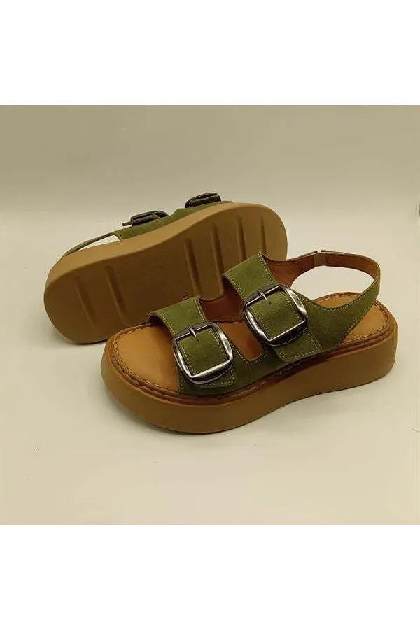 Ametist Exclusive Stabil Haki Süet Platform Kadın Sandalet | Çift Bantlı Gerçek Deri Konfor