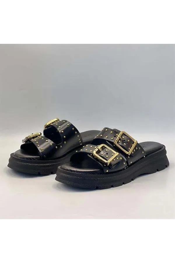 Rosa Black Genuine Leather Buckle and Studded Women's Slippers – Comfortable, Stylish and Orthopedic