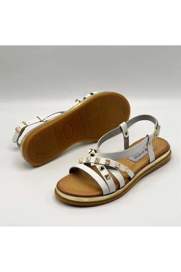 Anetta White Leather Women's Sandals | Gold Stud Detail, Genuine Leather Thermo Sole