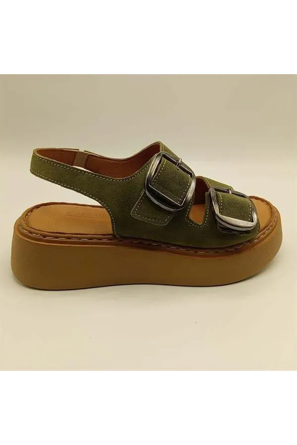 Ametist Exclusive Stabil Haki Süet Platform Kadın Sandalet | Çift Bantlı Gerçek Deri Konfor