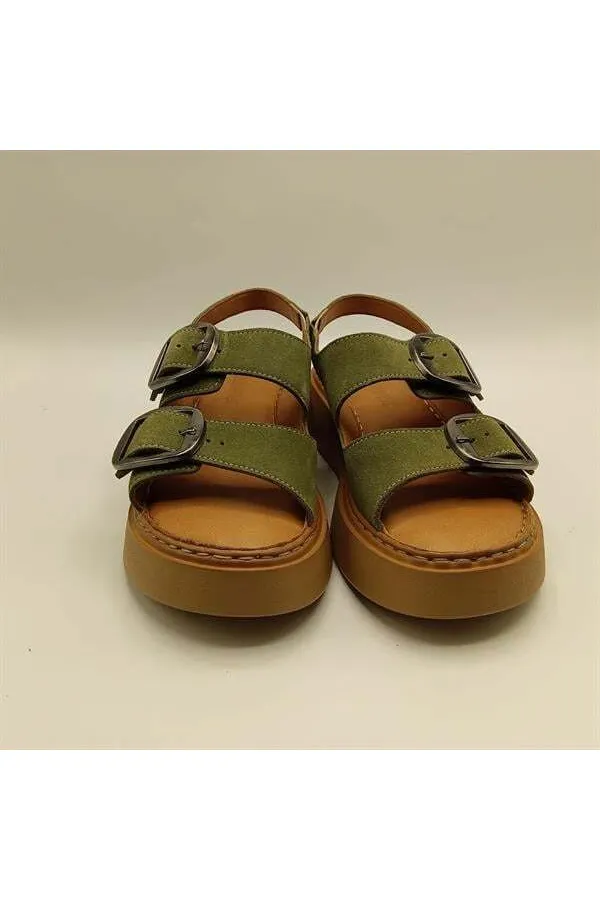 Ametist Exclusive Stabil Haki Süet Platform Kadın Sandalet | Çift Bantlı Gerçek Deri Konfor