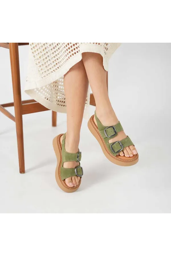 Ametist Exclusive Stabil Haki Süet Platform Kadın Sandalet | Çift Bantlı Gerçek Deri Konfor
