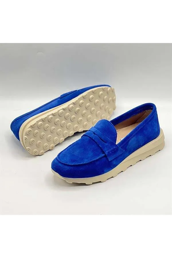 Carle Parlak Mavi Hakiki Süet Deri Kadın Loafer – 3 cm Termolight Taban