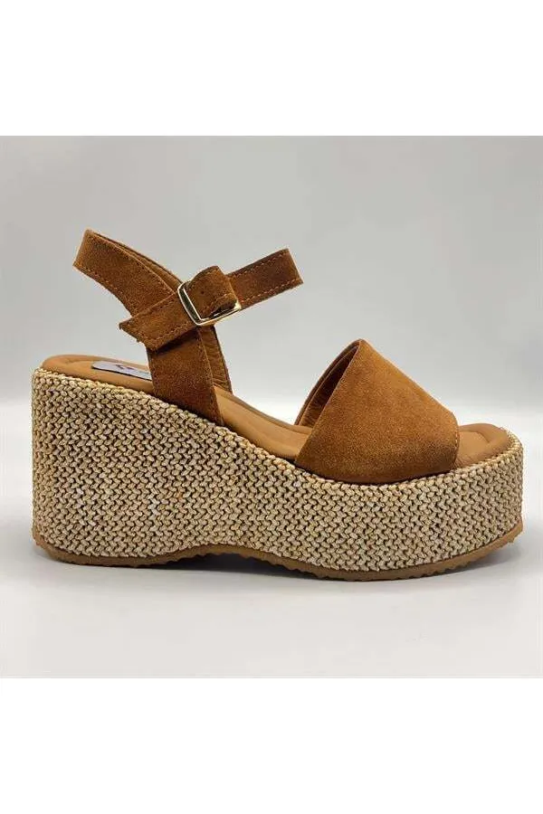 Ametist Exclusive Agatha Taba Süet Dolgu Topuk Kadın Sandalet | Yazlık Rahat ve Şık Kadın Sandalet