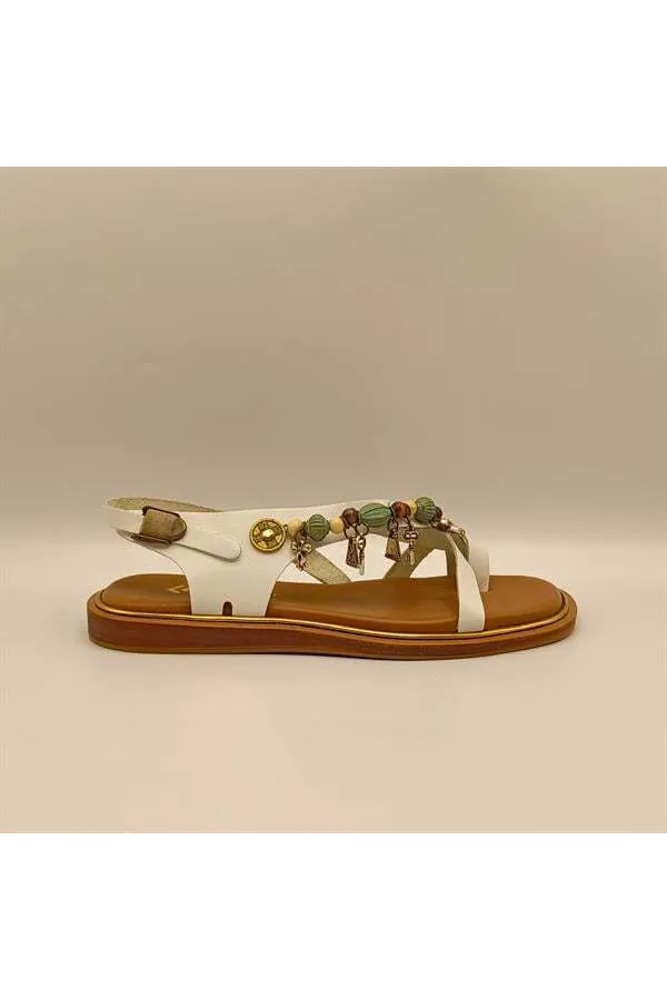 Daphne White Leather Flat Women's Sandals