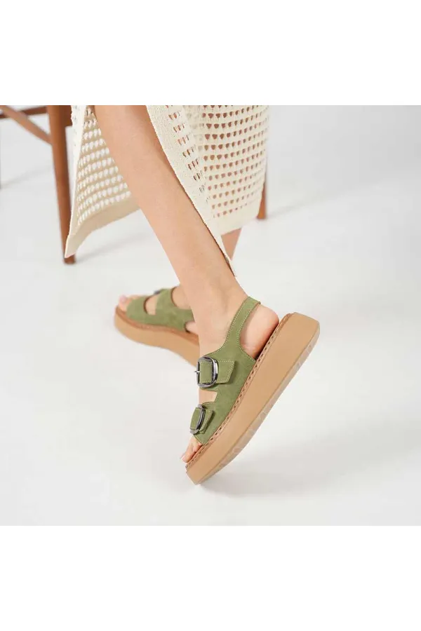 Ametist Exclusive Stabil Haki Süet Platform Kadın Sandalet | Çift Bantlı Gerçek Deri Konfor