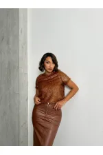 Simli Saçaklı Toptan Bluz - Kahve | TOPSHOW | F1832