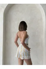Paça Dantelli Çizgili Şort - Hardal | Topshow