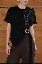 Blouse brodée à la taille en gros - Noire | D2966 - Topshow