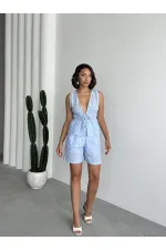 Chemisier en voile brodé à nouer sur le devant - Bleu | Topshow